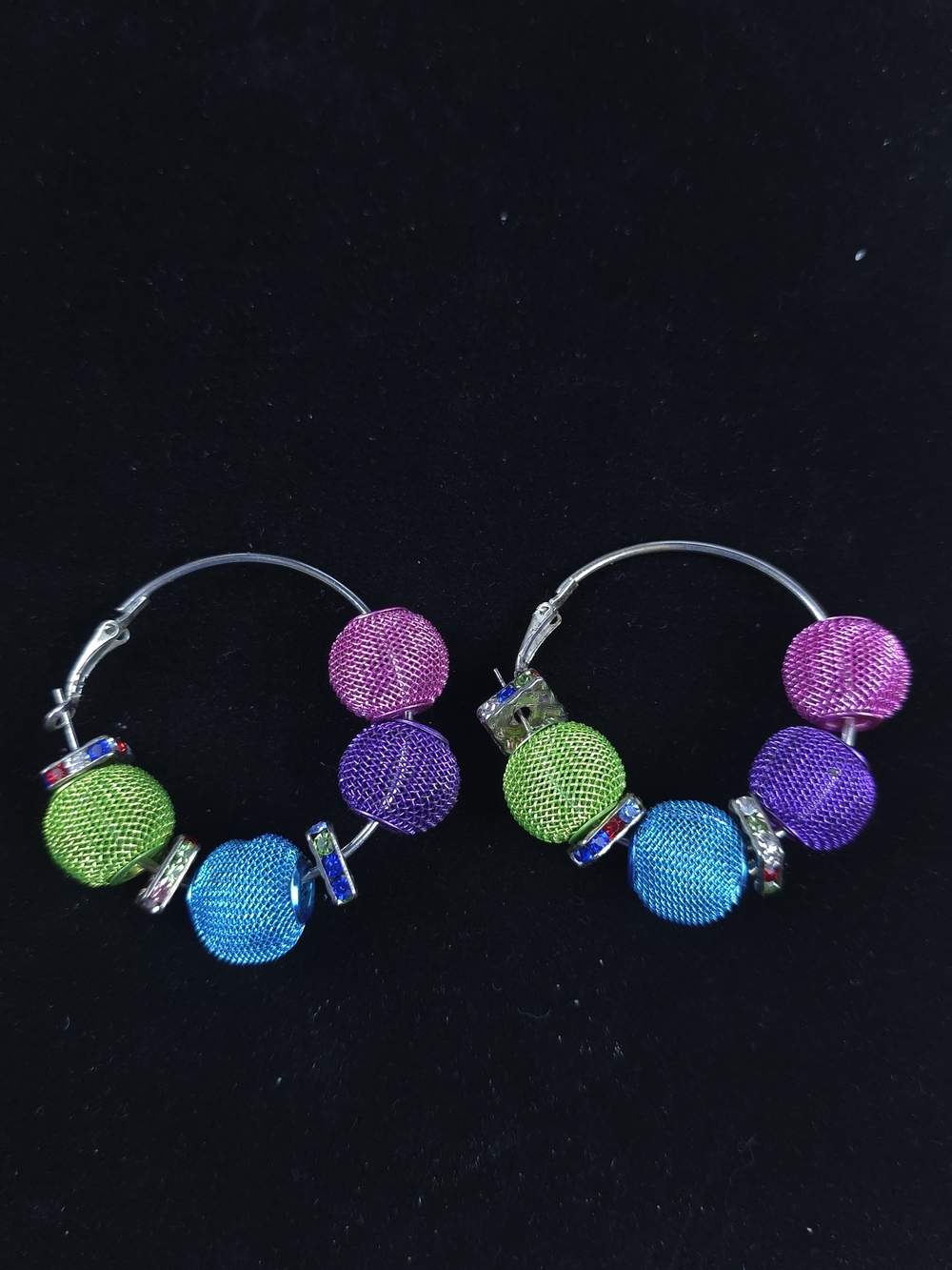 Colorful Mesh Bead Hoop Earrings Silver Tone Rhinestone Spacer Dangle Fashion